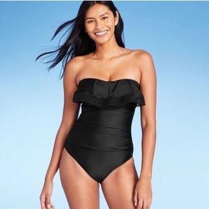 Kona Sol Crochet Flounce Black One Piece Swimsuit Size Small